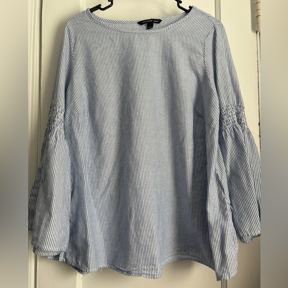 Zoe & Rachel Blue/White Stripes Bell Sleeves Cotton Plus Size Blouse Top, Sz: 1X - Picture 1 of 11